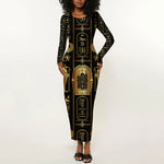 Egypt Cartouche Long Sleeve Bodycon Dress Gold Pharaoh Hieroglyphics Patterns