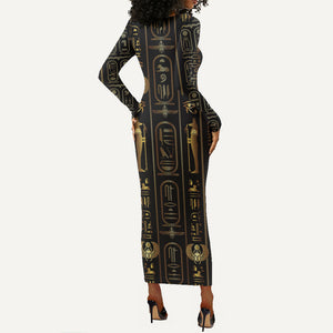 Egypt Cartouche Long Sleeve Bodycon Dress Gold Pharaoh Hieroglyphics Patterns