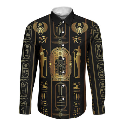 Egypt Cartouche Long Sleeve Button Shirt Gold Pharaoh Hieroglyphics Patterns