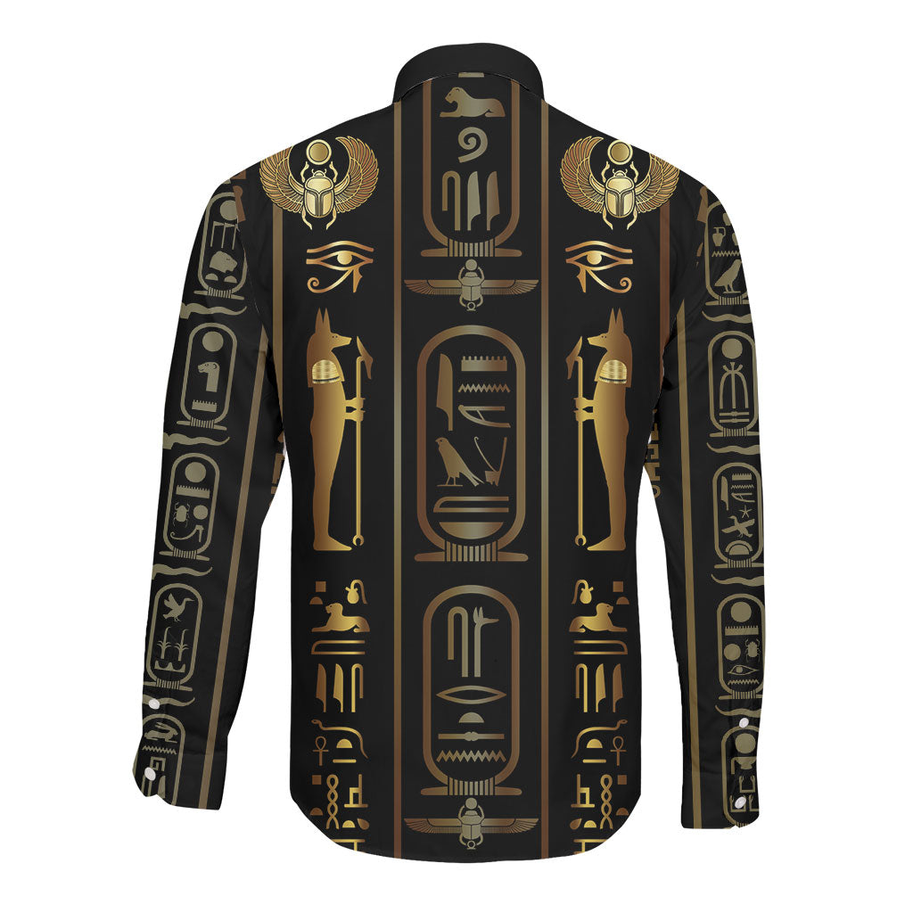 Egypt Cartouche Long Sleeve Button Shirt Gold Pharaoh Hieroglyphics Patterns