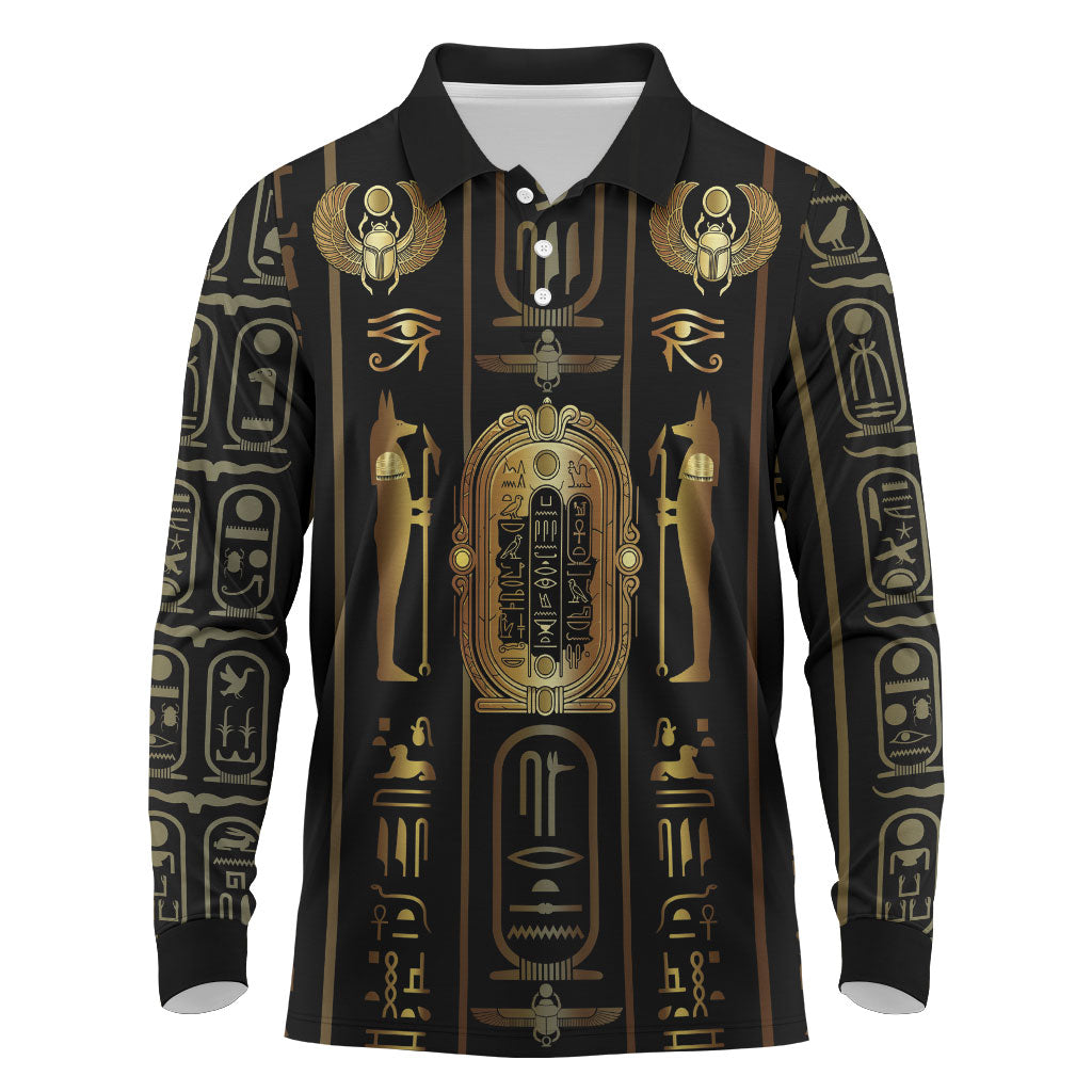 Egypt Cartouche Long Sleeve Polo Shirt Gold Pharaoh Hieroglyphics Patterns