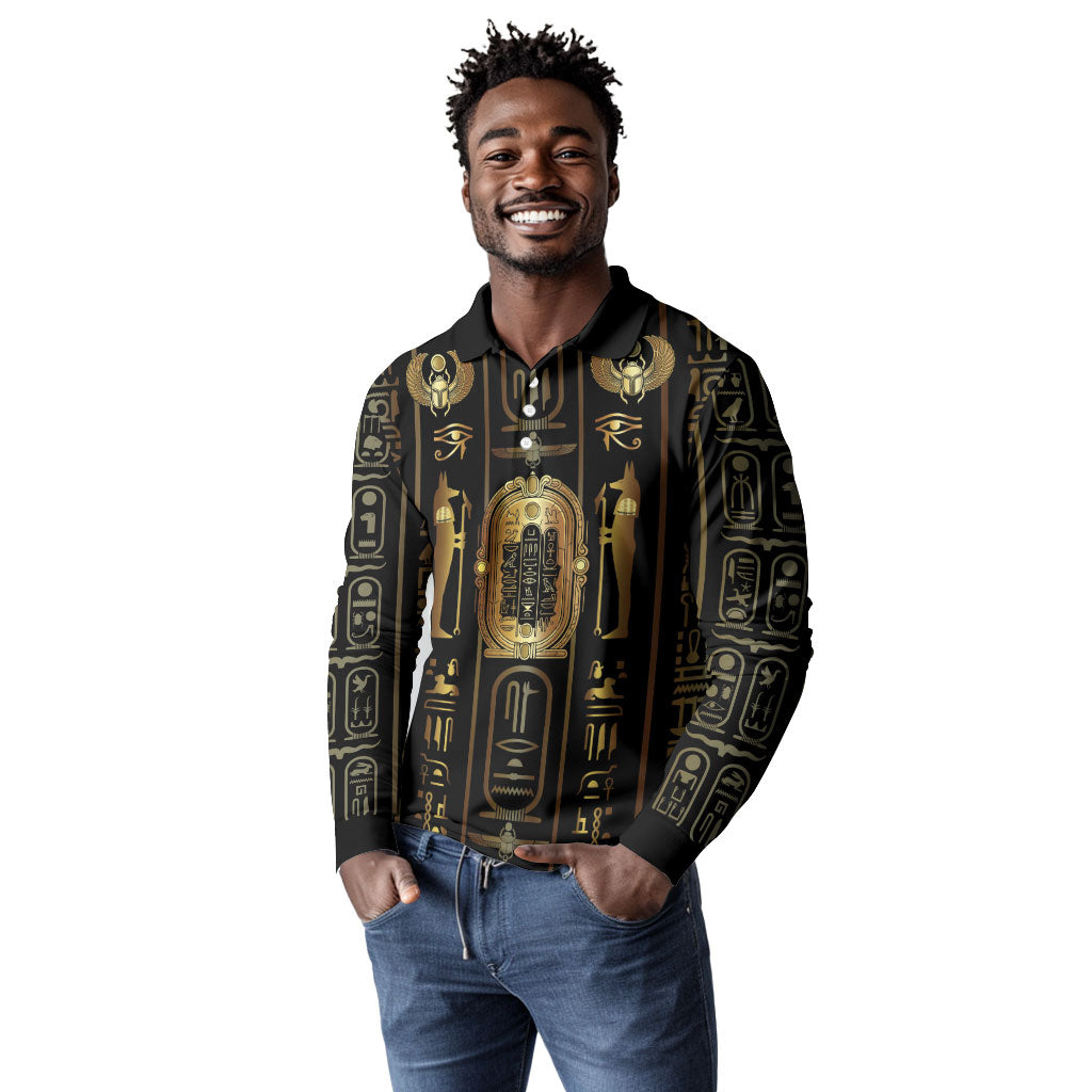 Egypt Cartouche Long Sleeve Polo Shirt Gold Pharaoh Hieroglyphics Patterns