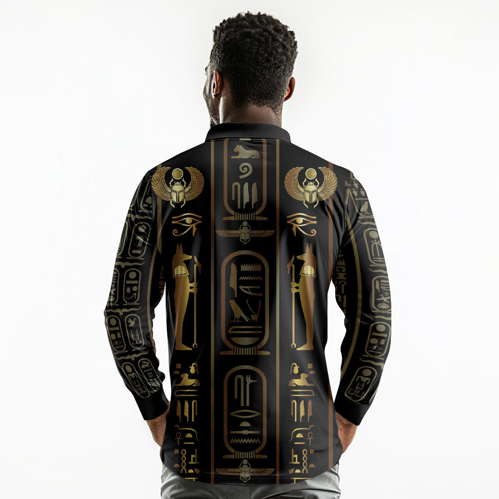 Egypt Cartouche Long Sleeve Polo Shirt Gold Pharaoh Hieroglyphics Patterns