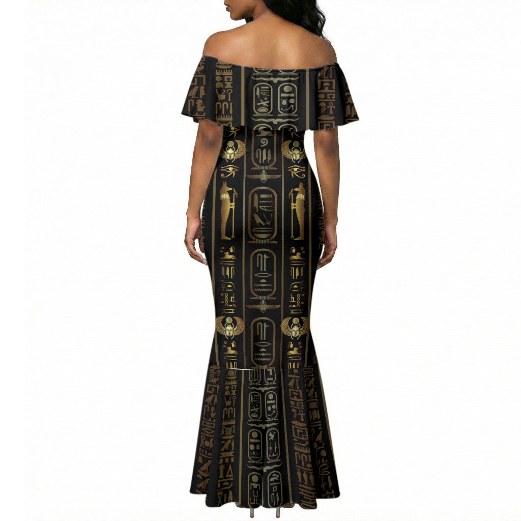 Egypt Cartouche Mermaid Dress Gold Pharaoh Hieroglyphics Patterns