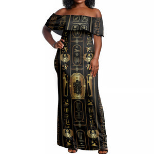 Egypt Cartouche Off Shoulder Maxi Dress Gold Pharaoh Hieroglyphics Patterns