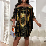 Egypt Cartouche Off Shoulder Short Dress Gold Pharaoh Hieroglyphics Patterns