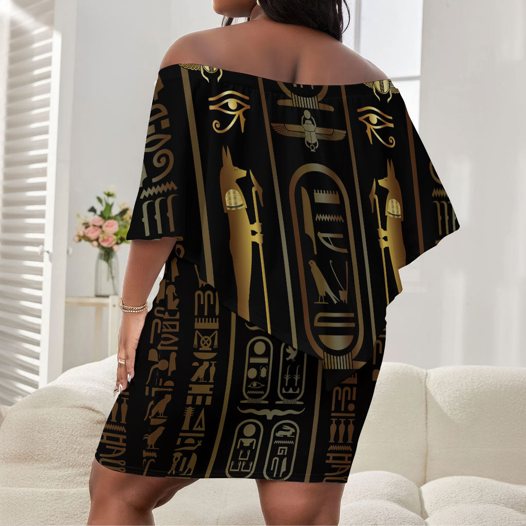 Egypt Cartouche Off Shoulder Short Dress Gold Pharaoh Hieroglyphics Patterns