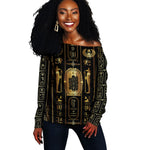Egypt Cartouche Off Shoulder Sweater Gold Pharaoh Hieroglyphics Patterns