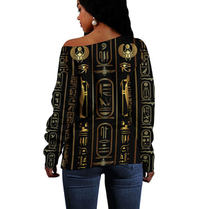 Egypt Cartouche Off Shoulder Sweater Gold Pharaoh Hieroglyphics Patterns