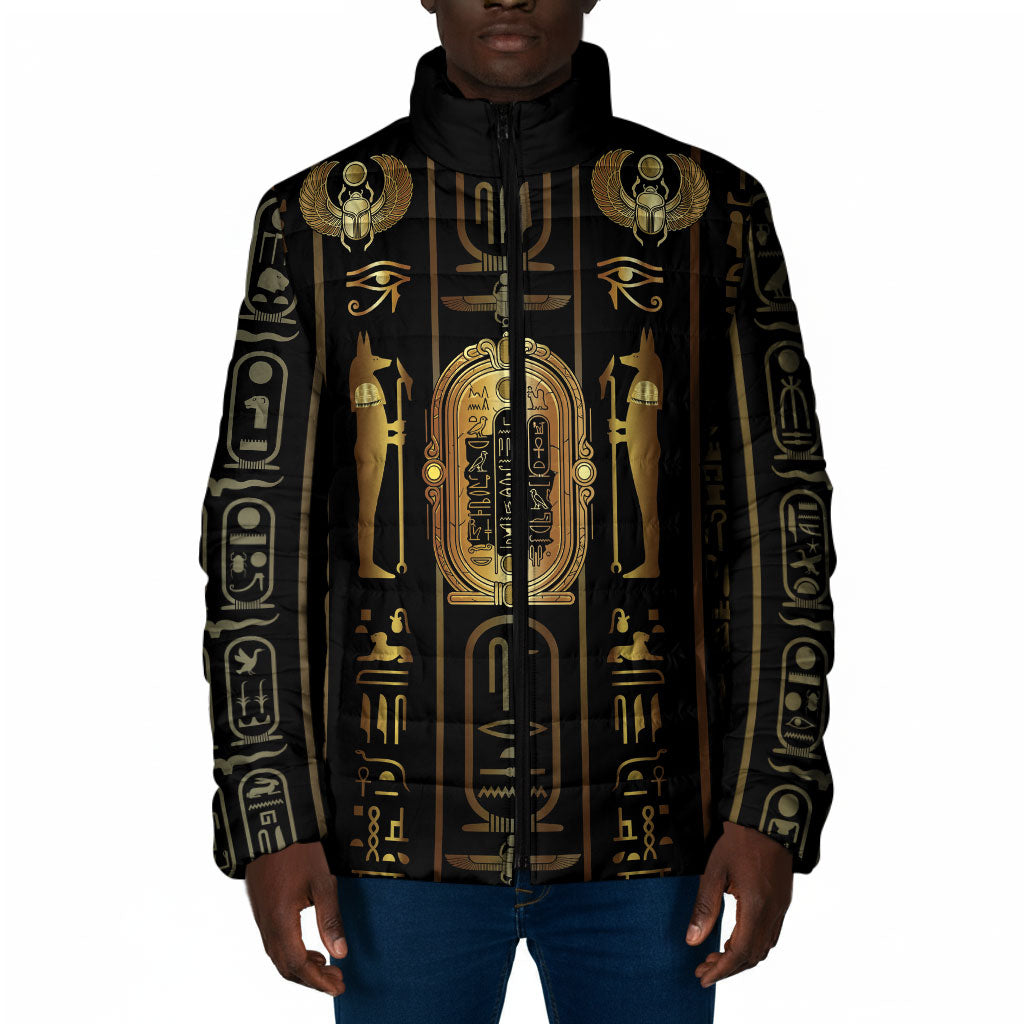 Egypt Cartouche Padded Jacket Gold Pharaoh Hieroglyphics Patterns