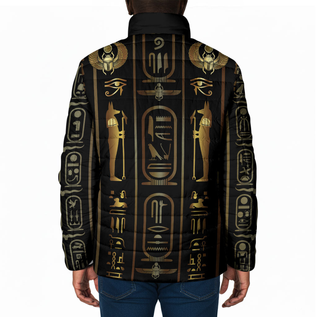 Egypt Cartouche Padded Jacket Gold Pharaoh Hieroglyphics Patterns