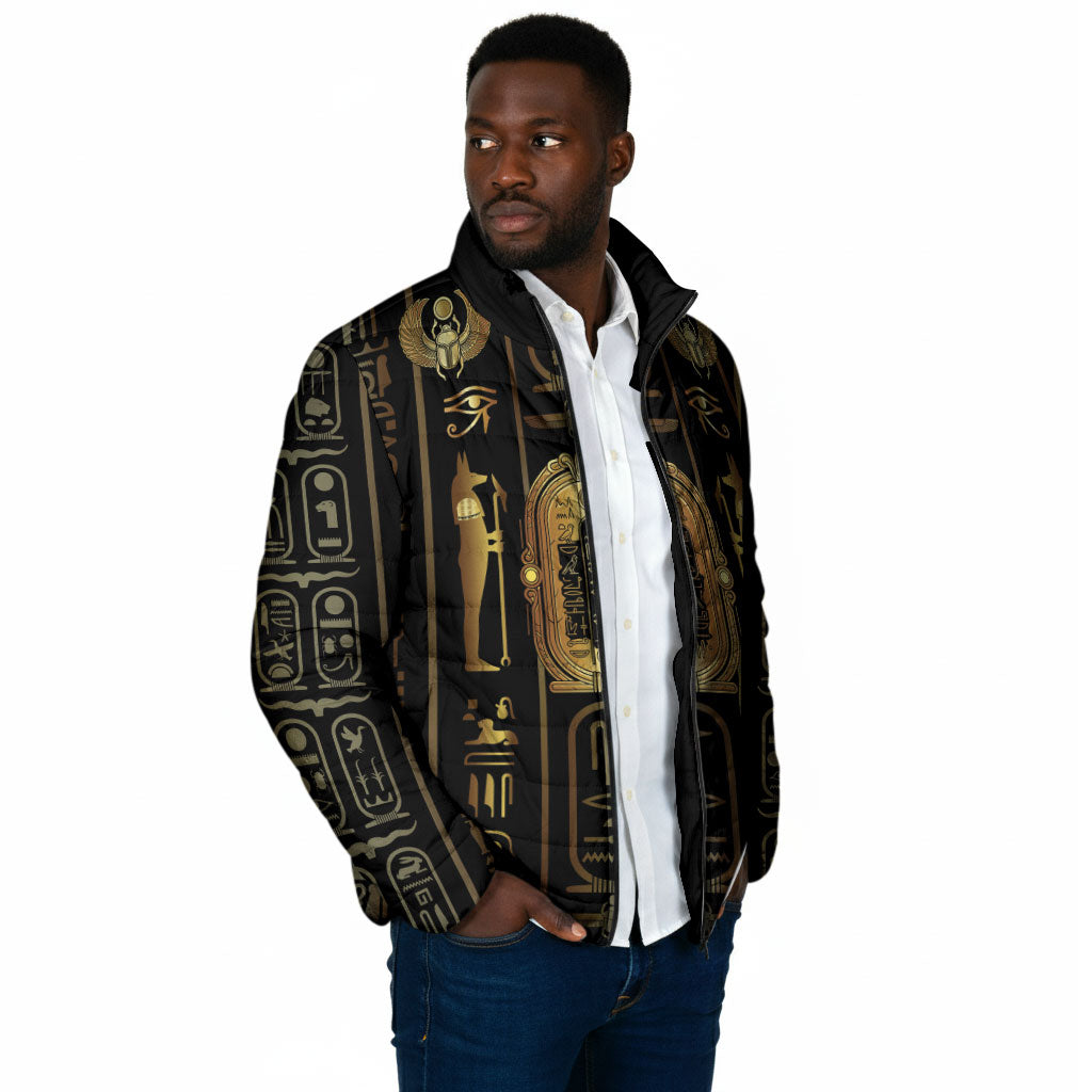 Egypt Cartouche Padded Jacket Gold Pharaoh Hieroglyphics Patterns