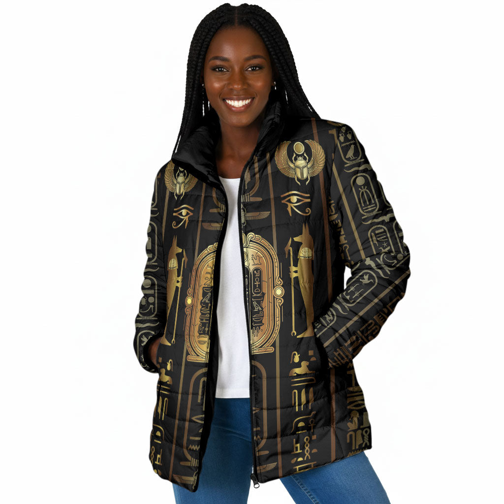 Egypt Cartouche Padded Jacket Gold Pharaoh Hieroglyphics Patterns
