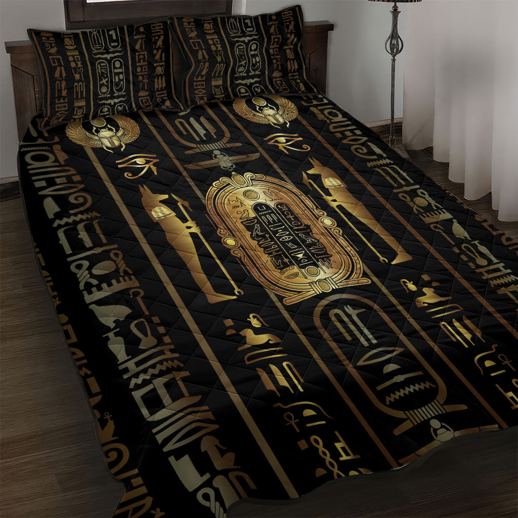 Egypt Cartouche Quilt Bed Set Gold Pharaoh Hieroglyphics Patterns