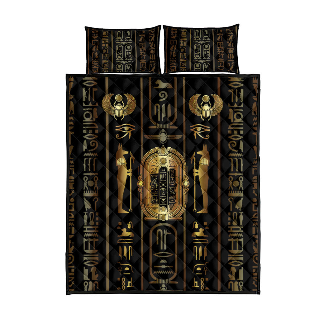 Egypt Cartouche Quilt Bed Set Gold Pharaoh Hieroglyphics Patterns