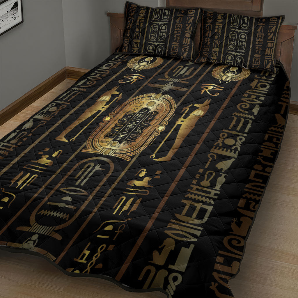 Egypt Cartouche Quilt Bed Set Gold Pharaoh Hieroglyphics Patterns