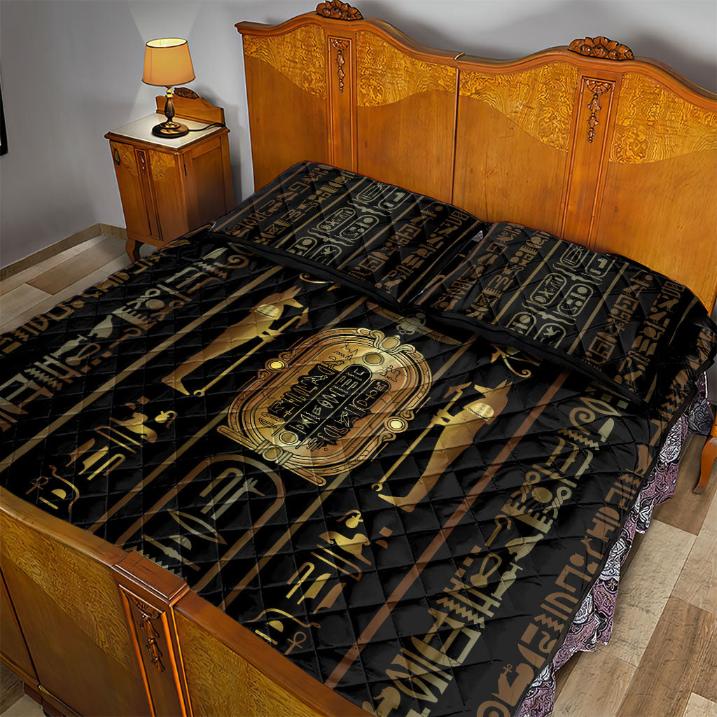 Egypt Cartouche Quilt Bed Set Gold Pharaoh Hieroglyphics Patterns
