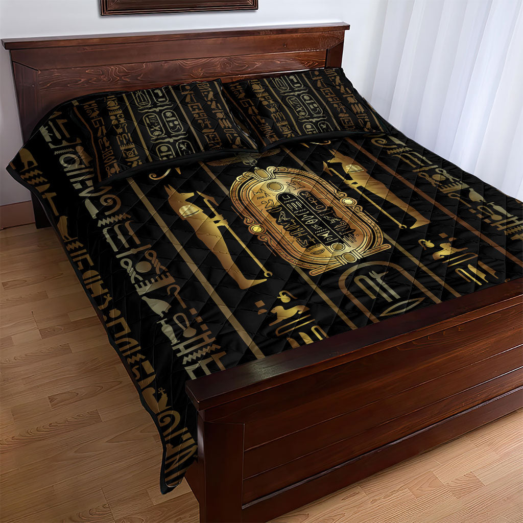 Egypt Cartouche Quilt Bed Set Gold Pharaoh Hieroglyphics Patterns