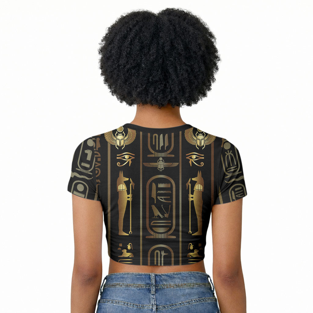 Egypt Cartouche Raglan Cropped T shirt Gold Pharaoh Hieroglyphics Patterns