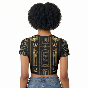 Egypt Cartouche Raglan Cropped T shirt Gold Pharaoh Hieroglyphics Patterns