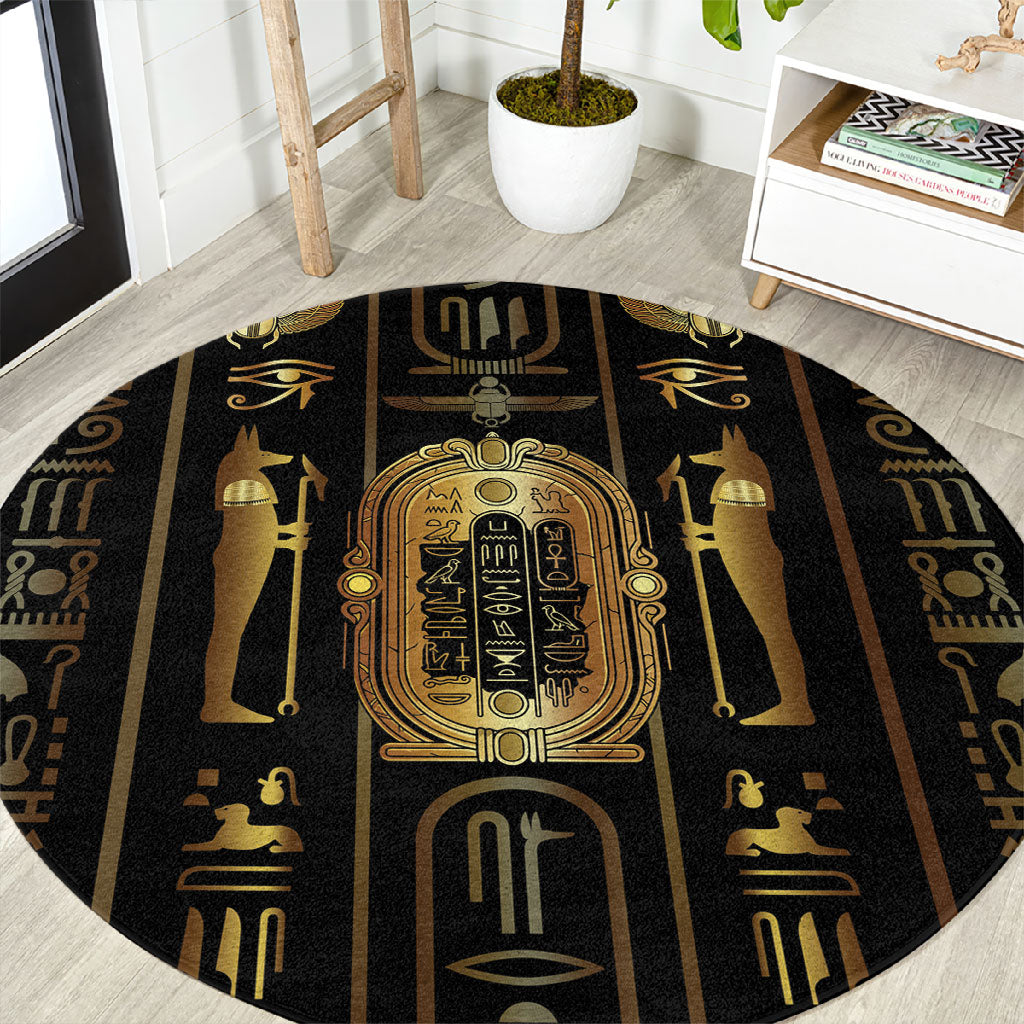 Egypt Cartouche Round Carpet Gold Pharaoh Hieroglyphics Patterns