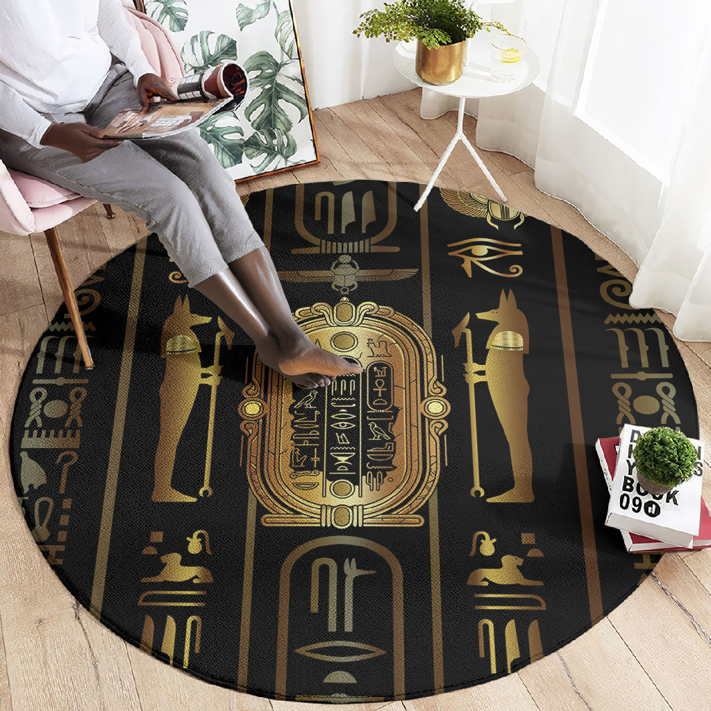 Egypt Cartouche Round Carpet Gold Pharaoh Hieroglyphics Patterns