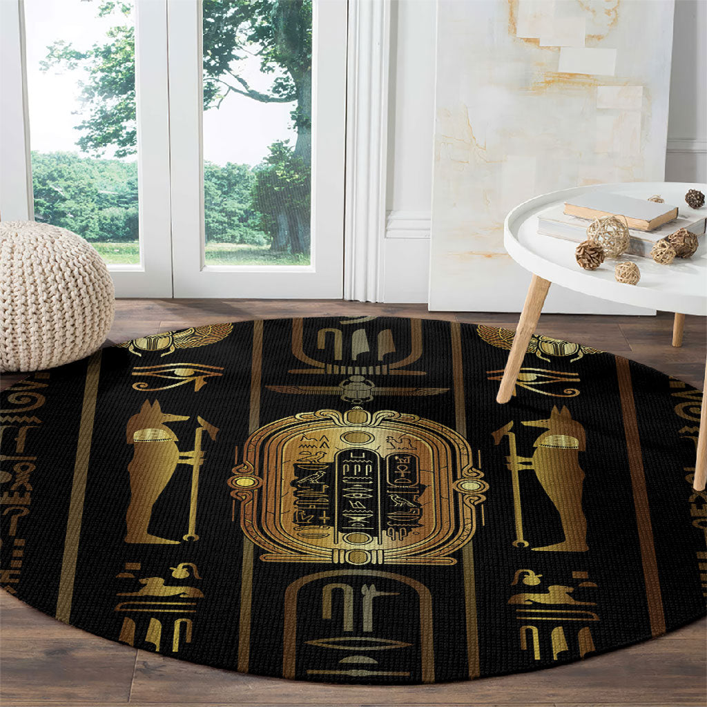 Egypt Cartouche Round Carpet Gold Pharaoh Hieroglyphics Patterns