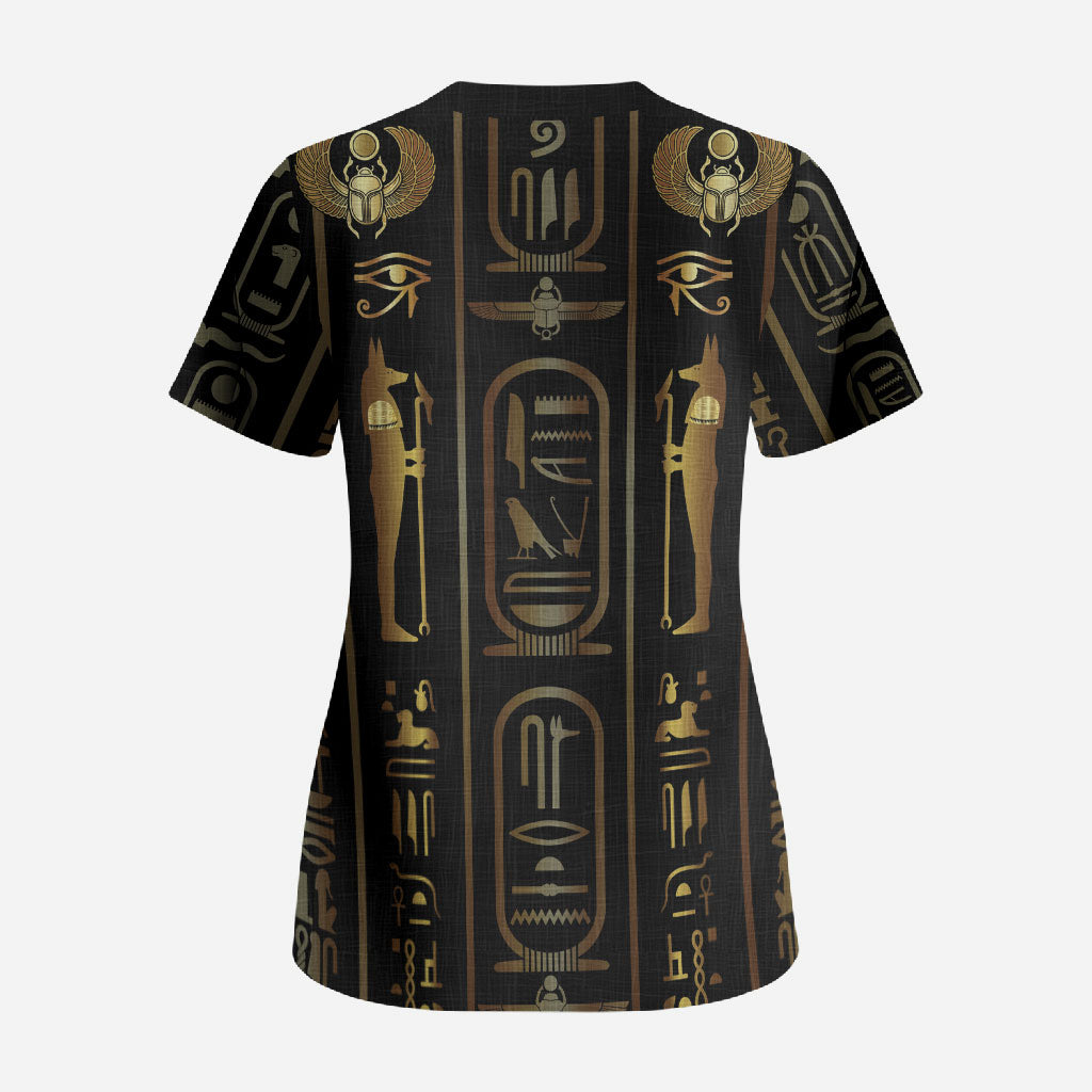 Egypt Cartouche Scrub Top Gold Pharaoh Hieroglyphics Patterns