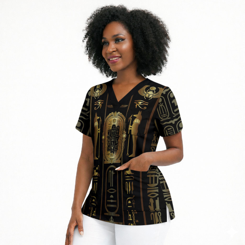 Egypt Cartouche Scrub Top Gold Pharaoh Hieroglyphics Patterns