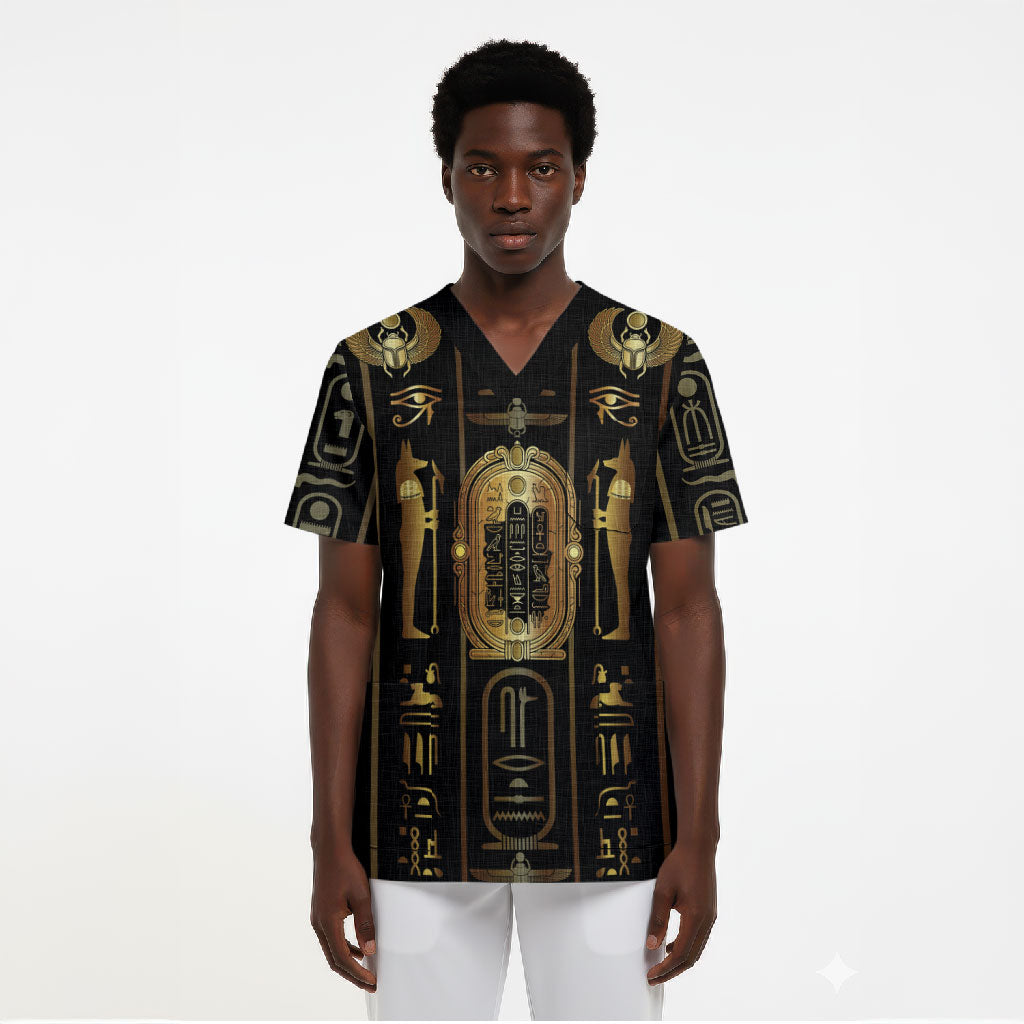 Egypt Cartouche Scrub Top Gold Pharaoh Hieroglyphics Patterns