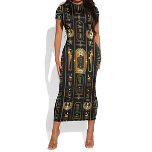 Egypt Cartouche Short Sleeve Bodycon Dress Gold Pharaoh Hieroglyphics Patterns