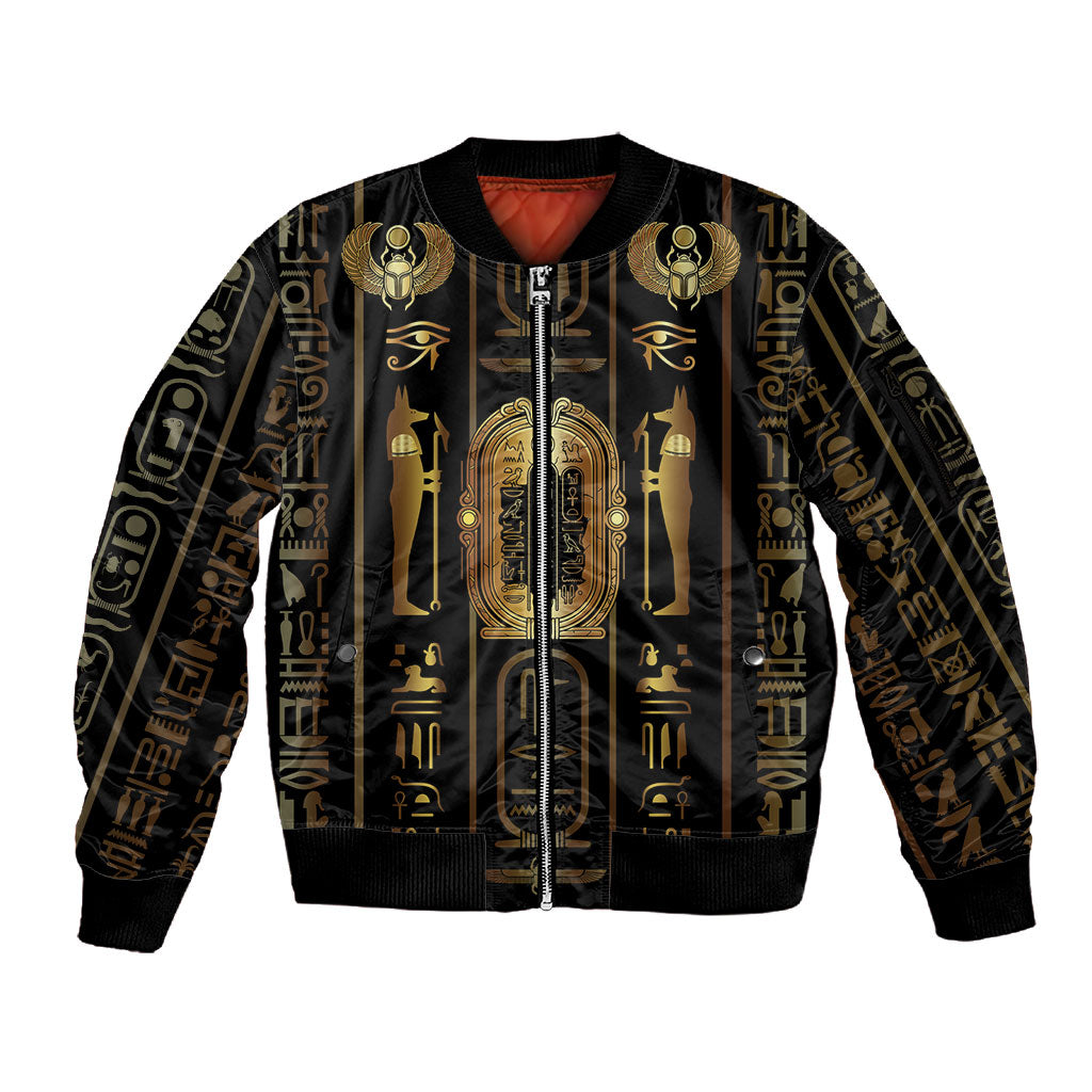 Egypt Cartouche Sleeve Zip Bomber Jacket Gold Pharaoh Hieroglyphics Patterns