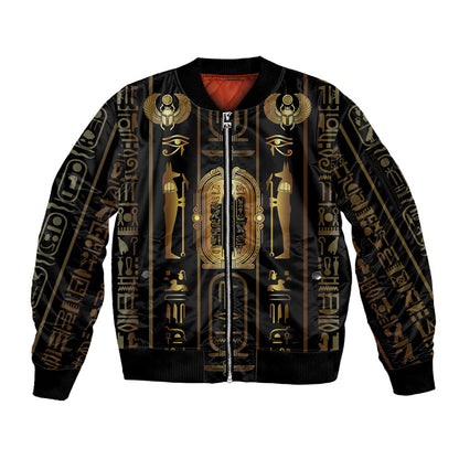 Egypt Cartouche Sleeve Zip Bomber Jacket Gold Pharaoh Hieroglyphics Patterns