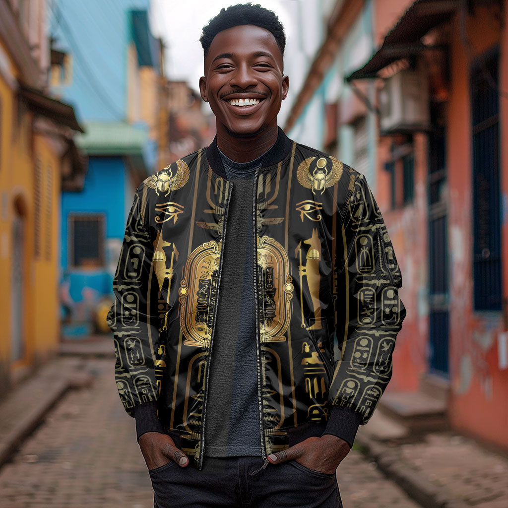 Egypt Cartouche Sleeve Zip Bomber Jacket Gold Pharaoh Hieroglyphics Patterns