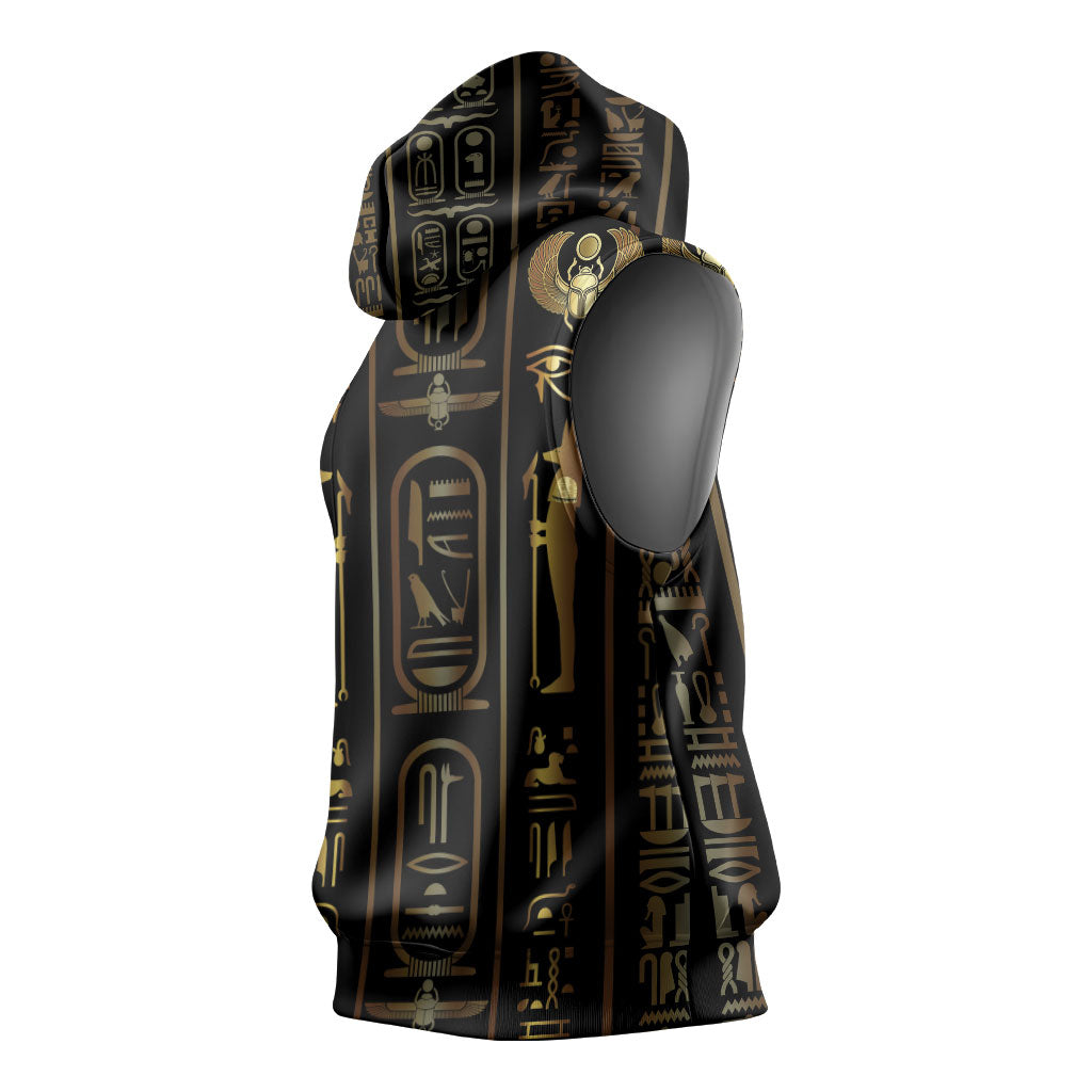 Egypt Cartouche Sleeveless Hoodie Gold Pharaoh Hieroglyphics Patterns
