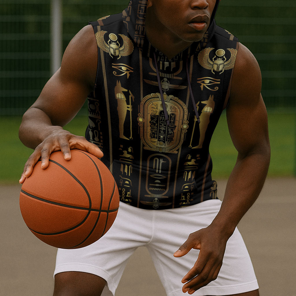 Egypt Cartouche Sleeveless Hoodie Gold Pharaoh Hieroglyphics Patterns