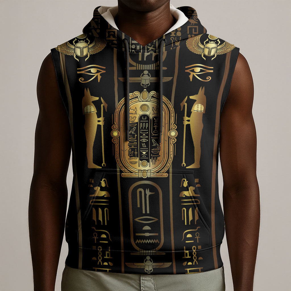 Egypt Cartouche Sleeveless Hoodie Gold Pharaoh Hieroglyphics Patterns