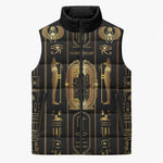 Egypt Cartouche Sleeveless Puffer Jacket Gold Pharaoh Hieroglyphics Patterns