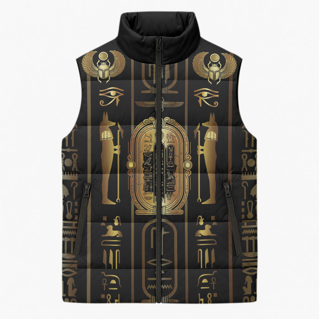 Egypt Cartouche Sleeveless Puffer Jacket Gold Pharaoh Hieroglyphics Patterns
