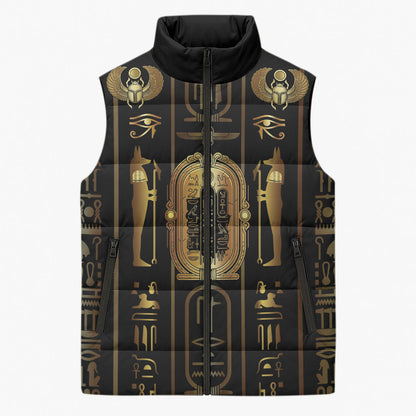Egypt Cartouche Sleeveless Puffer Jacket Gold Pharaoh Hieroglyphics Patterns