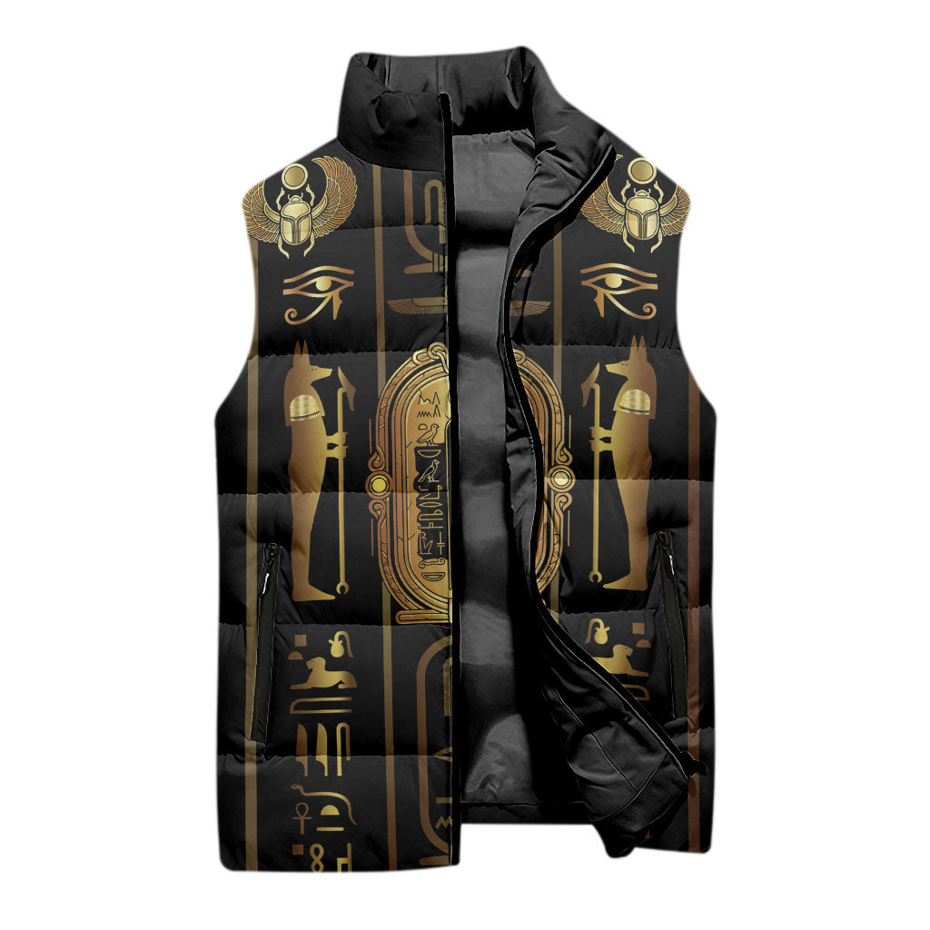 Egypt Cartouche Sleeveless Puffer Jacket Gold Pharaoh Hieroglyphics Patterns
