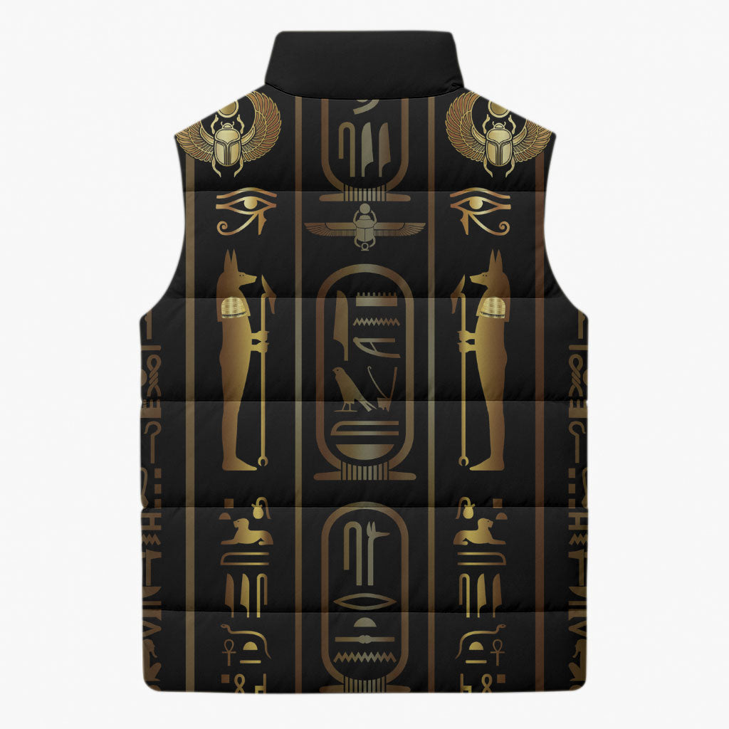 Egypt Cartouche Sleeveless Puffer Jacket Gold Pharaoh Hieroglyphics Patterns