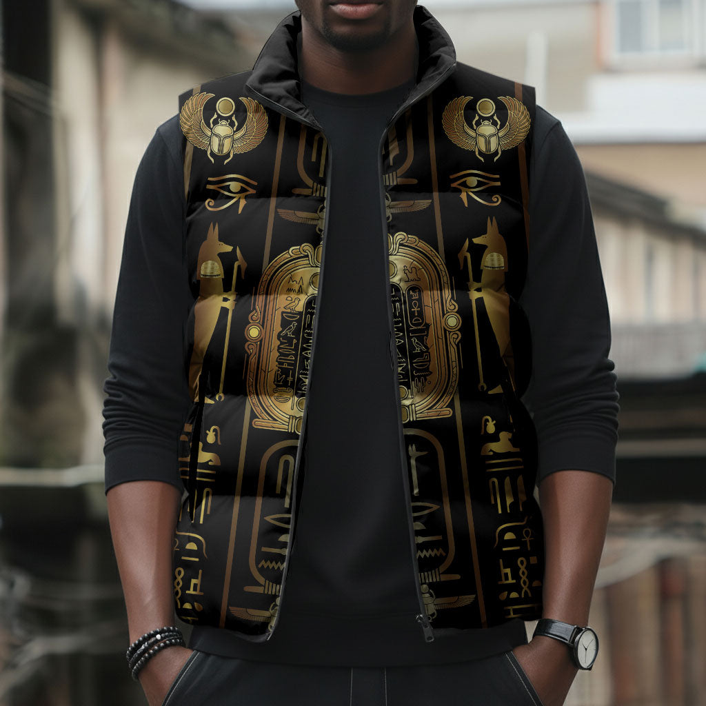 Egypt Cartouche Sleeveless Puffer Jacket Gold Pharaoh Hieroglyphics Patterns