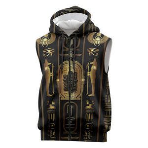 Egypt Cartouche Sleeveless Zip Hoodie Gold Pharaoh Hieroglyphics Patterns