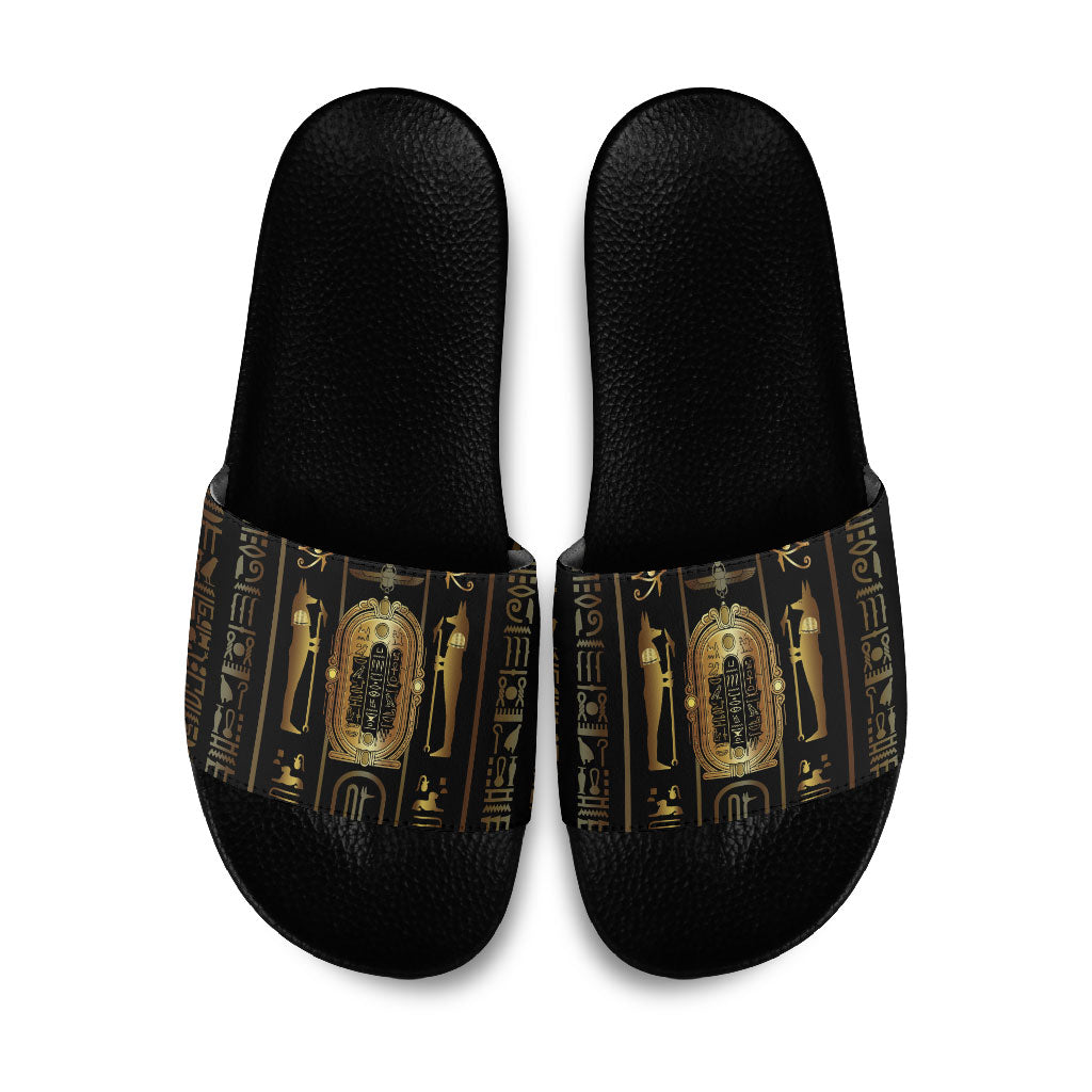 Egypt Cartouche Slide Sandals Gold Pharaoh Hieroglyphics Patterns
