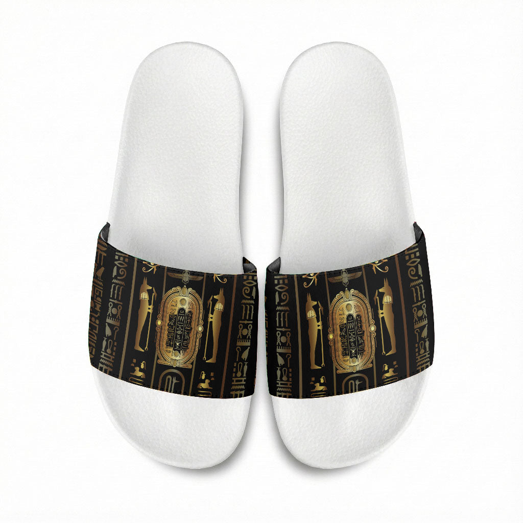 Egypt Cartouche Slide Sandals Gold Pharaoh Hieroglyphics Patterns