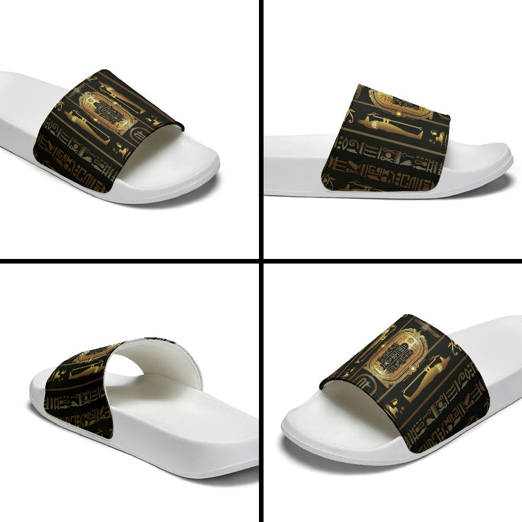 Egypt Cartouche Slide Sandals Gold Pharaoh Hieroglyphics Patterns