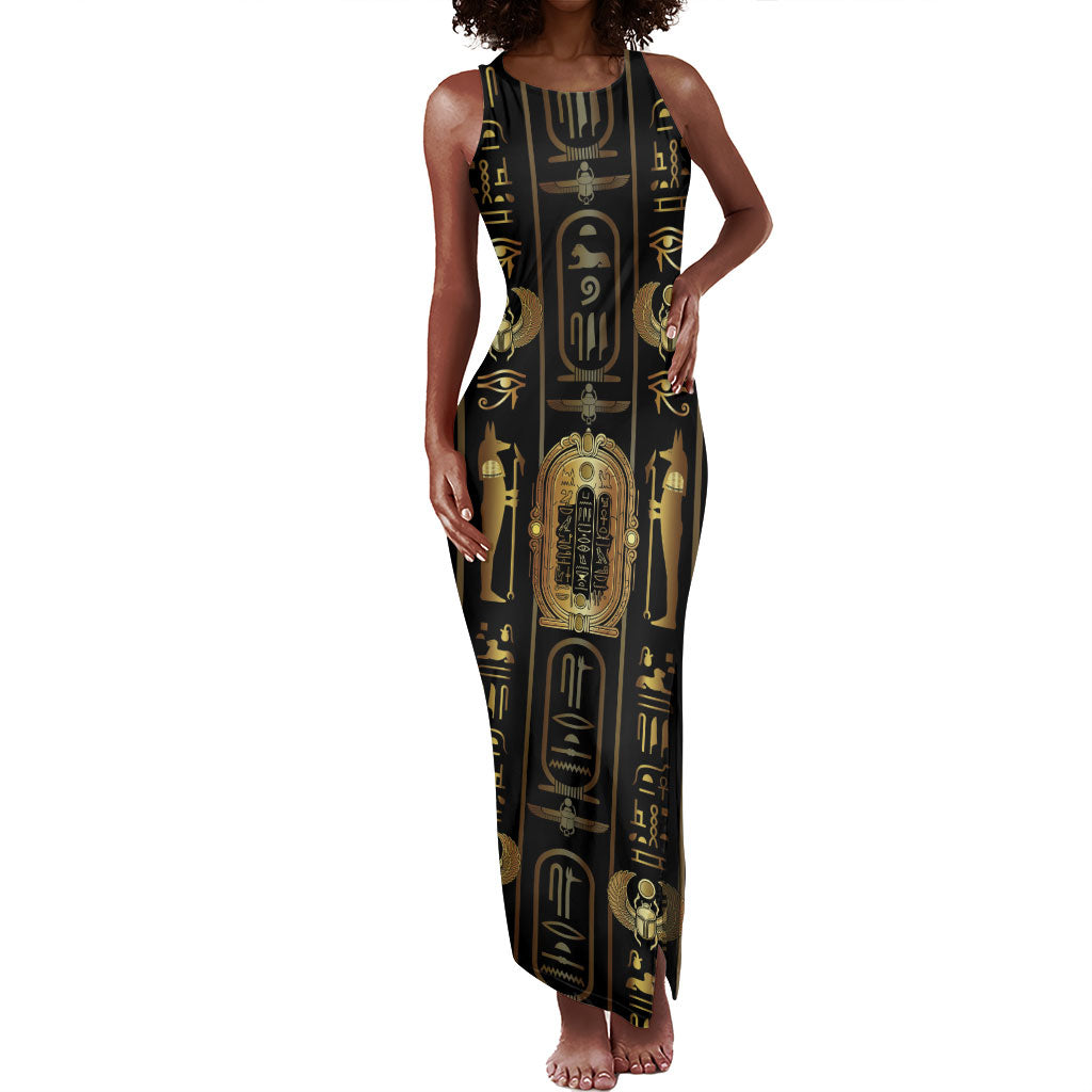 Egypt Cartouche Tank Maxi Dress Gold Pharaoh Hieroglyphics Patterns