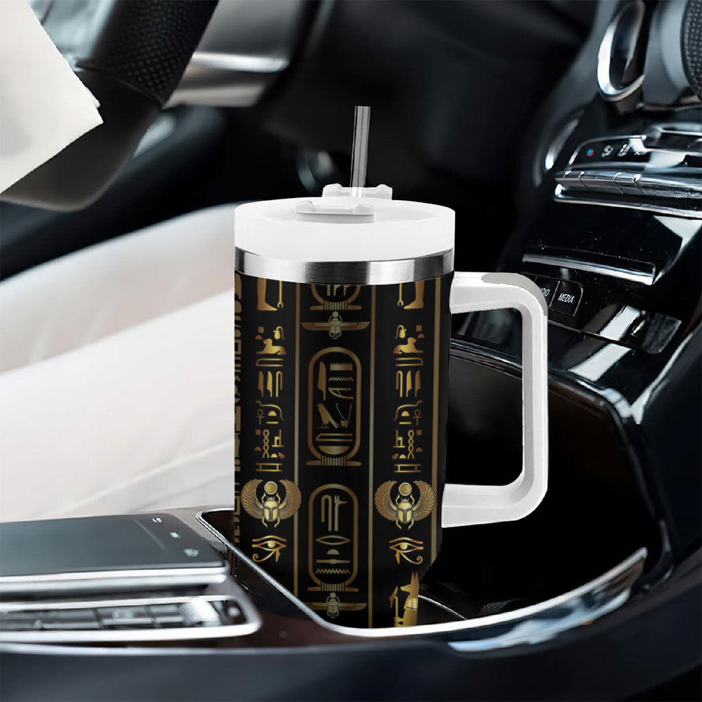 Egypt Cartouche Tumbler With Handle Gold Pharaoh Hieroglyphics Patterns