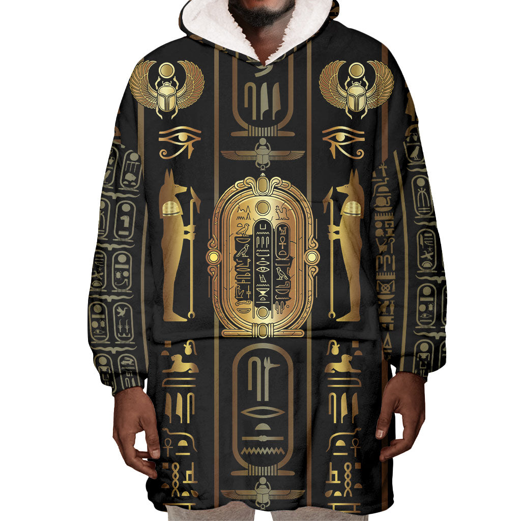Egypt Cartouche Wearable Blanket Hoodie Gold Pharaoh Hieroglyphics Patterns